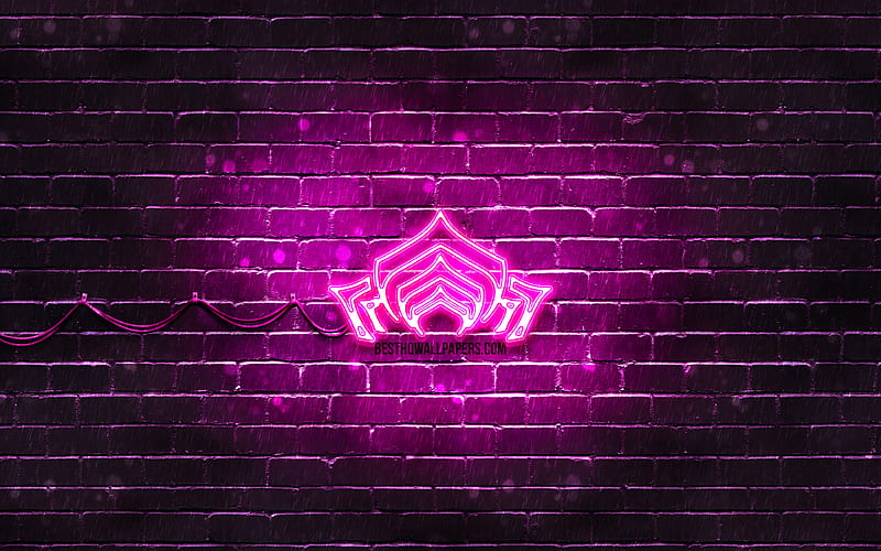 Warframe purple logo purple brickwall, artwork, Warframe logo, RPG, Warframe neon logo, Warframe, HD wallpaper