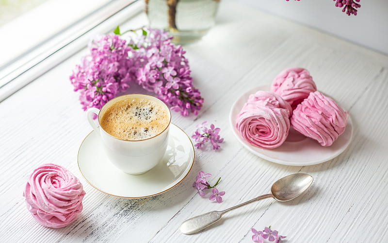 Take a break!, lilac, food, coffee, cooke, cup, white, pink, sweet, flower, HD wallpaper