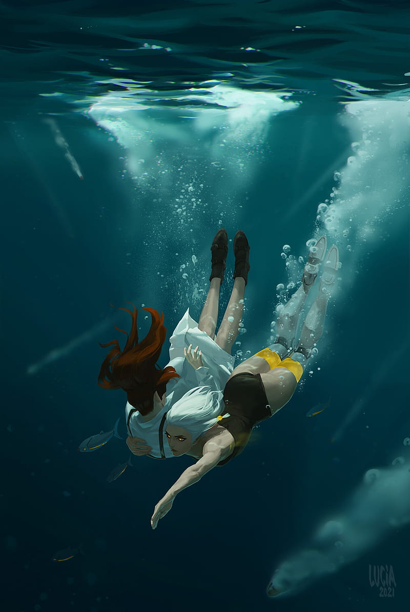 Lucia Hsiang, women, diving, artwork, underwater, HD phone wallpaper