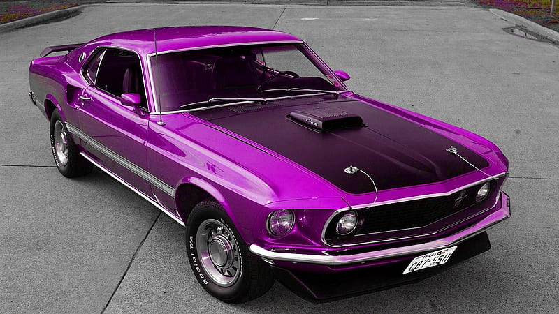 1969 Cool Ford Stang, Stang, Tires, Purple, Fastback, Spoiler, 2 Door, Purple Interior, Dark Purple, 1969, Cool, Car, Vintage, Hood, Hot, HD wallpaper