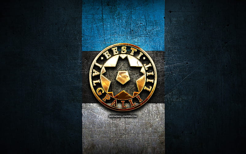 Estonia National Football Team, golden logo, Europe, UEFA, blue metal ...