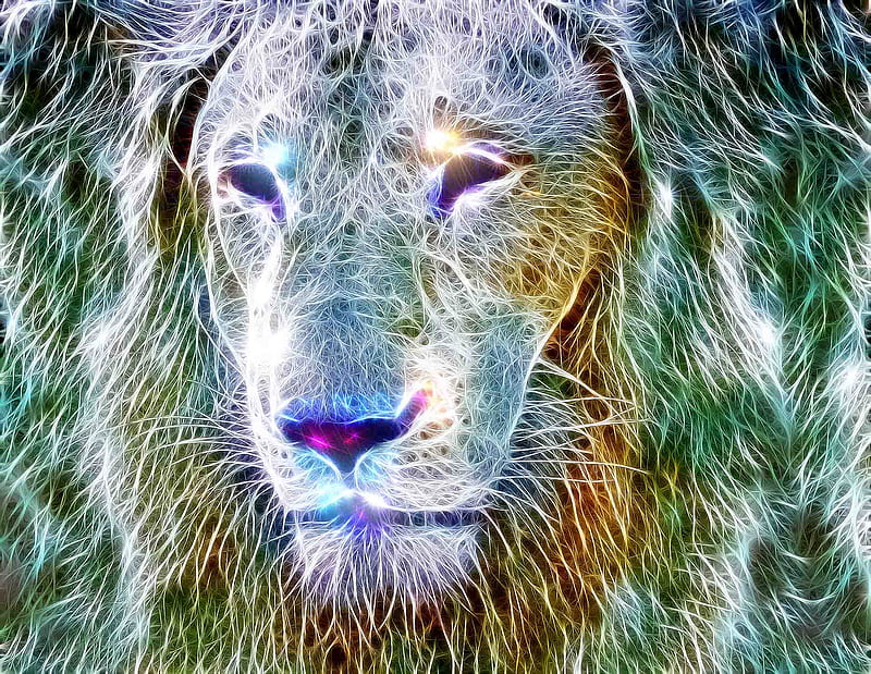 Great Lion, fractalius, glow, beauty, sparking, lion, animals, HD wallpaper
