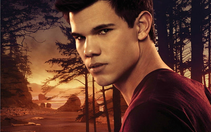 Taylor Lautner as Jacob Black, red, forest, movie, jacob black, man, twilight saga, taylor lautner, fantasy, werewolf, actor, creature, HD wallpaper