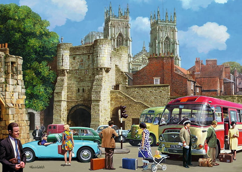 Arriving in York, building, carros, city, people, painting, old, artwork, bus, suitcases, HD wallpaper