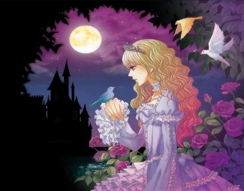 Rose Princess, rose, girl, dark, flowers, orginal, lady, castle, princess, night, HD wallpaper
