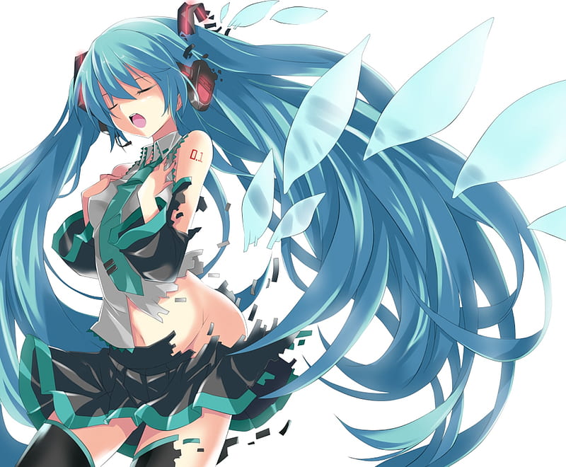 Hatsune Miku, pretty, the disappearance of hatsune miku, cg, fading, clouds, nice, anime, aqua, beauty, anime girl, vocaloids, art, twintail, skirt, black, miku, sky, singer, sexy, cute, headset, hatsune, cool, digital, awesome, white, idol, artistic, the disappearance, gray, headphones, tie, bonito, thighhighs, program, hot, singing, vocaloid, music, strip, diva, microphone, song, girl, stockings, uniform, petals, virtual, HD wallpaper