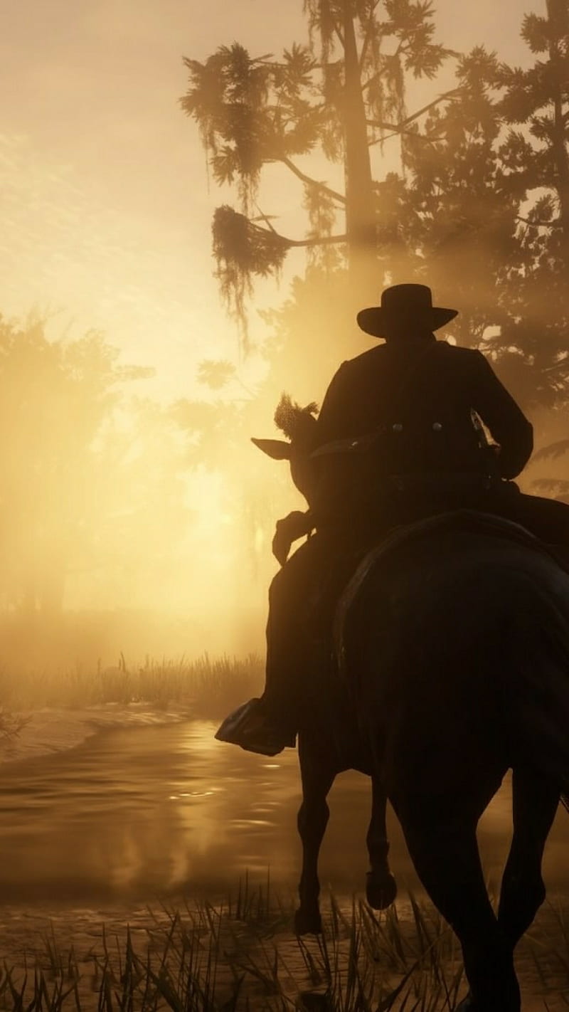 Golden ride, cowboy, dawn, horse, outlaw, rdr2, red dead redemption, red dead redemption 2, HD phone wallpaper