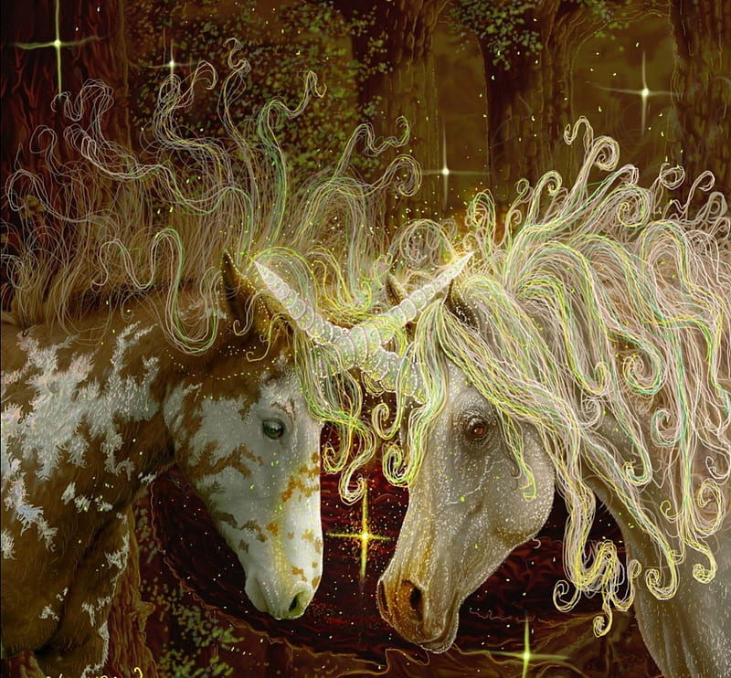 Beautiful Unicorns, stars, fantasy, magic, bonito, trees, unicorns, horns, HD wallpaper