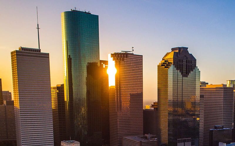 Houston, morning, sunrise, skyscrapers, modern buildings, Houston cityscape, Texas, USA, HD wallpaper