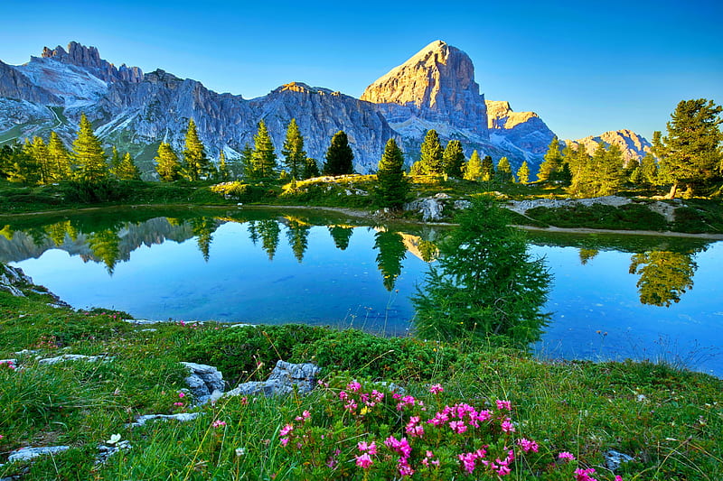 Landscape with mountain and lake, rocks, grass, bonito, mountain, cliffs, wildflowers, peak, reflection, lovely, view, sky, lake, tranquil, serenity, paradise, summer, landscape, HD wallpaper