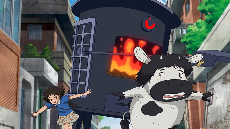 Attack Of The Incinerator, Anime Couple, Couple, Anime, Black Hair, The Satellite Girl and Milk Cow, Kyung-Chun, Fire, Short Hair, IL-Ho, Satellite Girl, Big Eyes, Cow, Incinerator, Fleeing, Milk Cow, Anime Girl, HD wallpaper