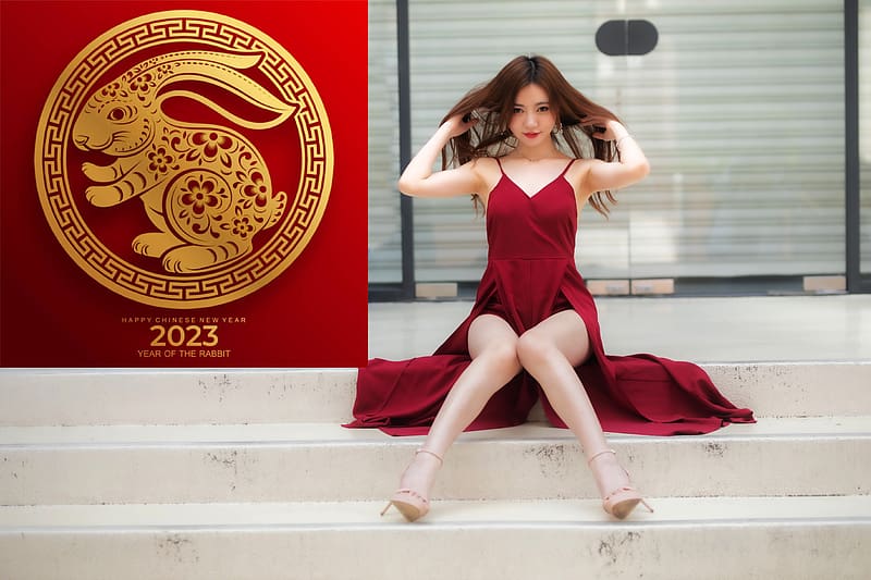 Happy Chinese New Year 2023, model, dress, asian, brunette, holiday, HD wallpaper