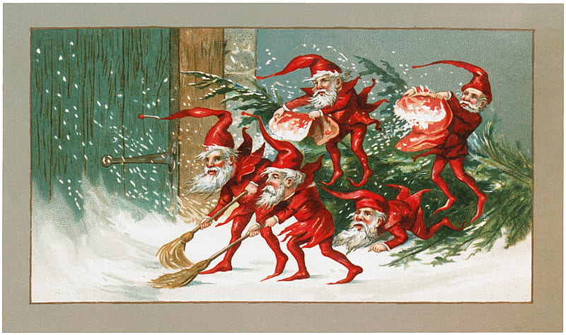 Elves sweeping, fantasy, craciun, christmas, elf, vintage, card, red, gnome, retro, dwarf, HD wallpaper