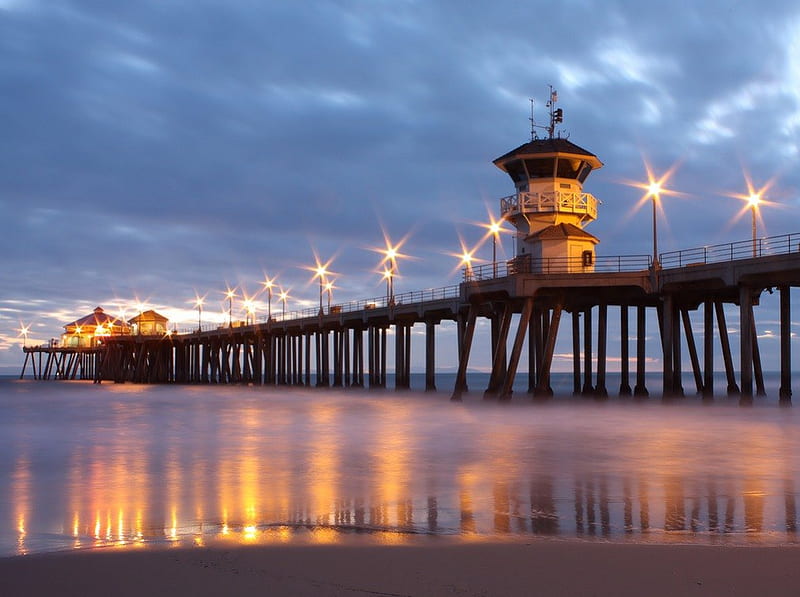 Huntington Beach Pier, blue, lights, ocean, pier, HD wallpaper | Peakpx