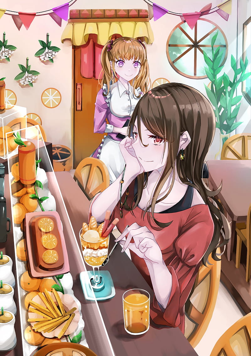 girl, smile, cafe, fruit, anime, HD phone wallpaper