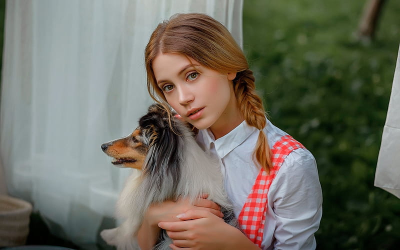 Girl with Dog, young lady, girl, dog, animal, HD wallpaper