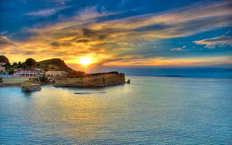 Corfu island, Greece, sunset, Ionian sea, evening, seascape, HD wallpaper