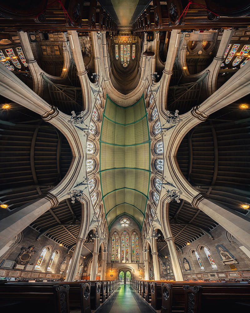 architecture, interior, cathedral, Peter Li, church, ceiling, manipulation, arch, portrait display, symmetry, HD phone wallpaper