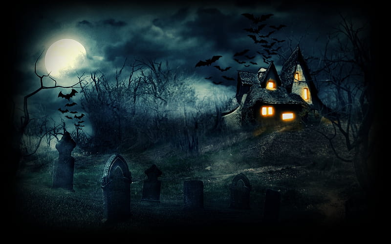 Halloween Eve, house, bats, cemetery, tombstones, trees, clouds, lights, moon, gravestones, full moon, graveyard, Halloween, HD wallpaper