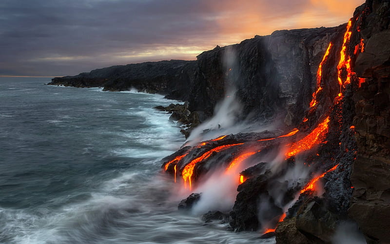 Lava Flow into the Ocean, Ocean, Lava, Cliffs, Nature, HD wallpaper