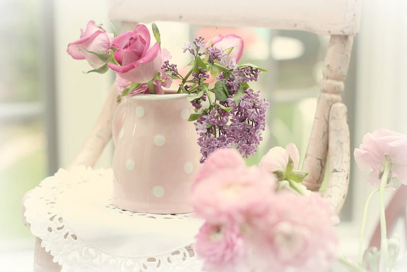Sweet for my friend Jeri (mememe1), still life, friend, roses, lilacs, jag, pink, HD wallpaper