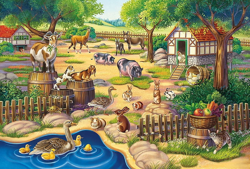 Lovely Animals, fence, poultry, artwork, geese, pigs, goat, painting, rabbits, donkeys, HD wallpaper
