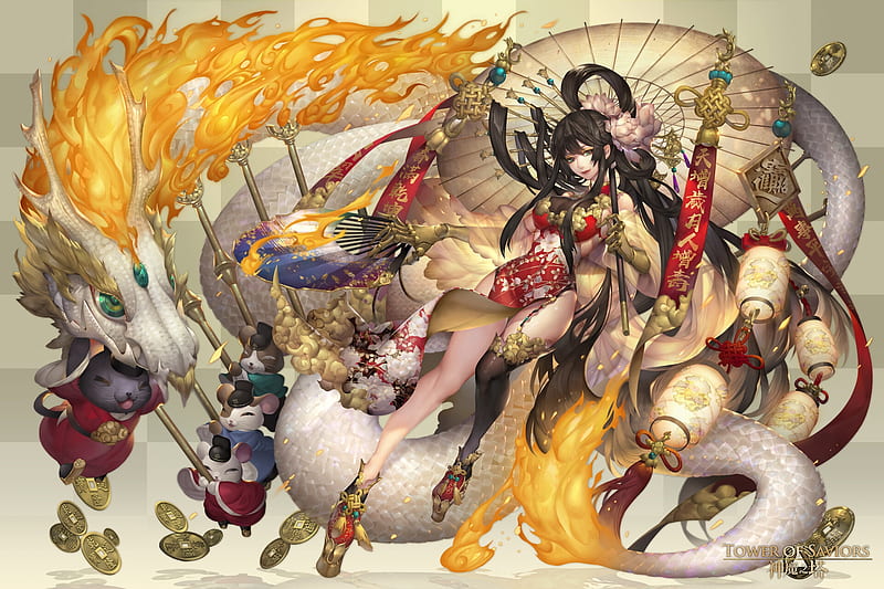 He Xian Gu ~ Lantern festival, festival, frumusete, tower of saviors, lantern, umbrella, yellow, manga, dragon, hand fan, evantai, girl, anime, 9 09, parasol, white, HD wallpaper
