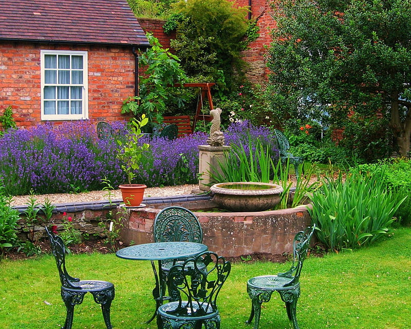 English Garden, house, chears, bonito, garden swing, trees, water, flowers, garden, greens, garden table, HD wallpaper