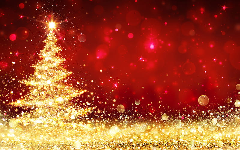 golden xmas tree abstract art, red glare background, Happy New Year, Merry Christmas, xmas trees, abstarct xmas tree, HD wallpaper