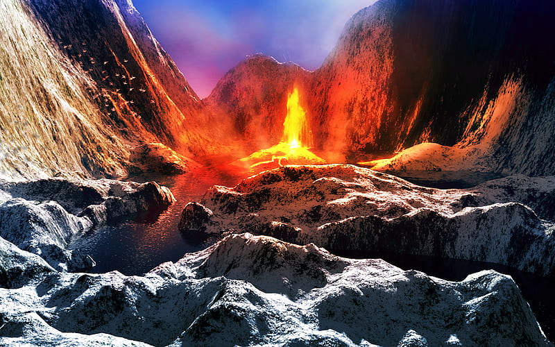 Fire on ice, ice, fire, canyon, mountains, HD wallpaper