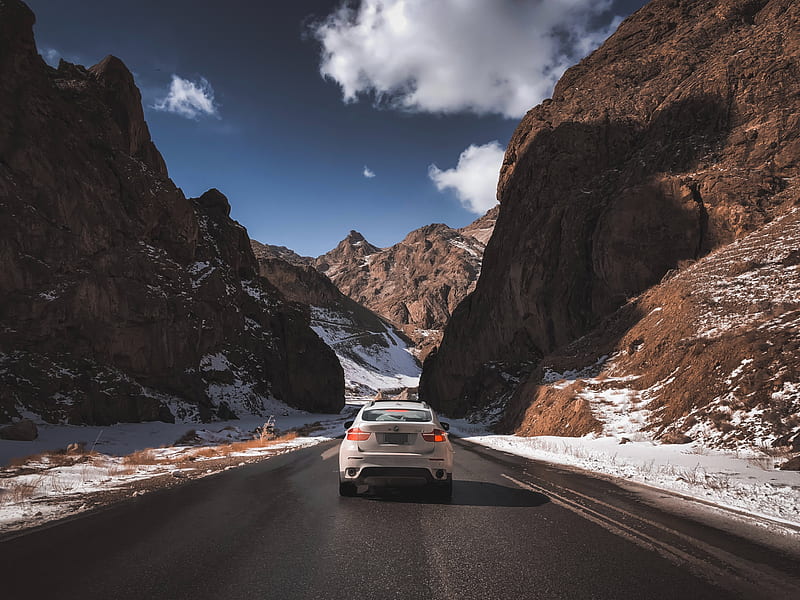 car, road, rocks, rear view, HD wallpaper