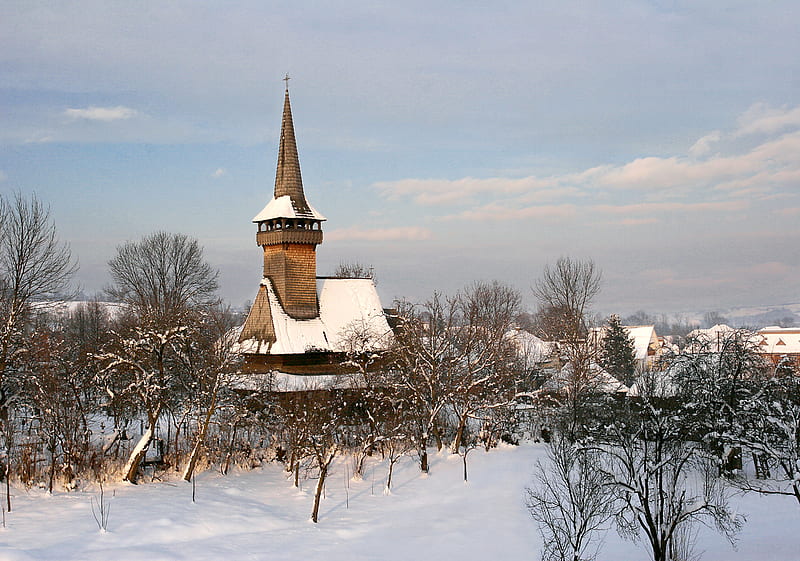 romanian wooden church, snow, romania, romanian, church, old, wooden, winter, HD wallpaper