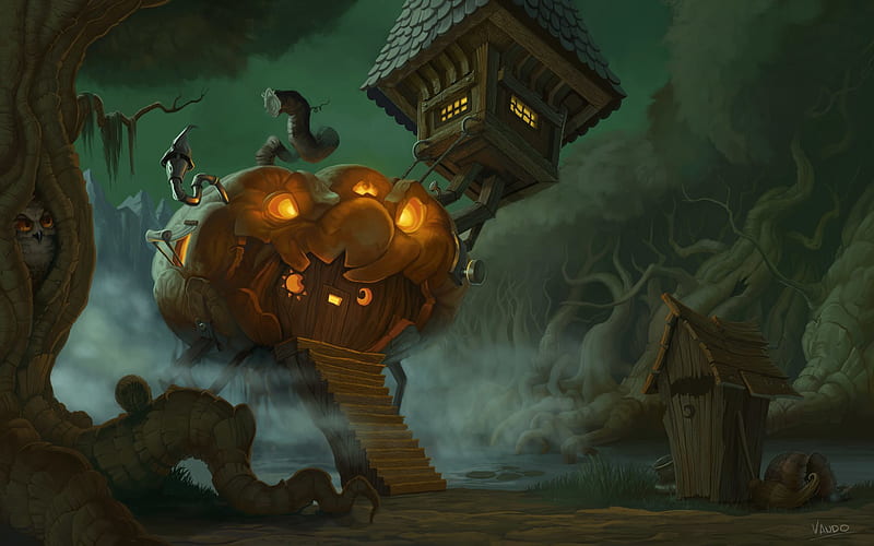 Happy Halloween, hut, forest, pumpkin, HD wallpaper