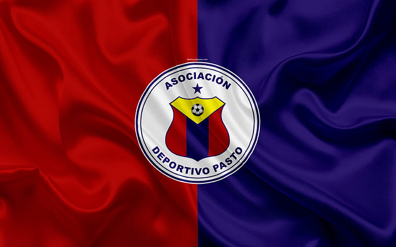 Deportivo Pasto logo, Colombian football club, silk texture, red-blue flag, Categoria Primera A, Pasto, Colombia, football, Liga Aguila, HD wallpaper