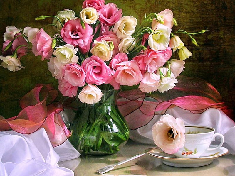 Tea for you, flowers, roses, white, pink, teacup, HD wallpaper
