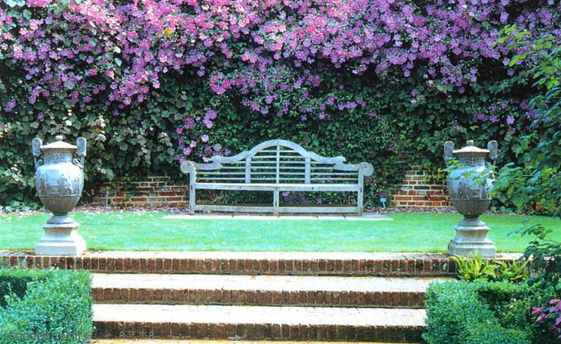 Bench, garden, stairs, park, HD wallpaper