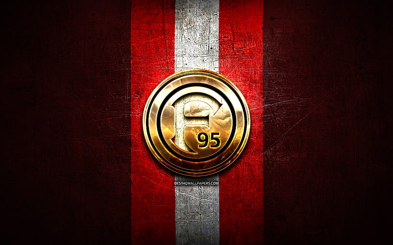 Fortuna Dusseldorf, golden logo, Bundesliga, red metal background, football, Dusseldorfer TuS Fortuna 1895, german football club, Fortuna Dusseldorf logo, soccer, Germany, HD wallpaper