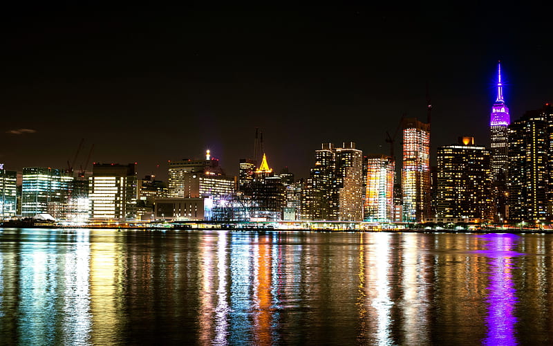 New York, night, bay, city lights, skyscrapers, USA, HD wallpaper