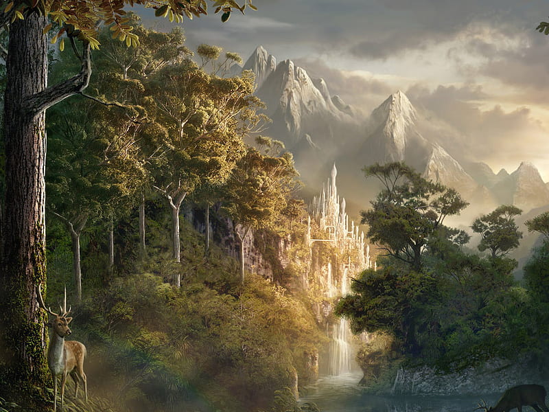 Lost City of the Elves, forest, stream, bonito, elves, deer, fantasy, city, mountains, lost, river, white, castle, HD wallpaper