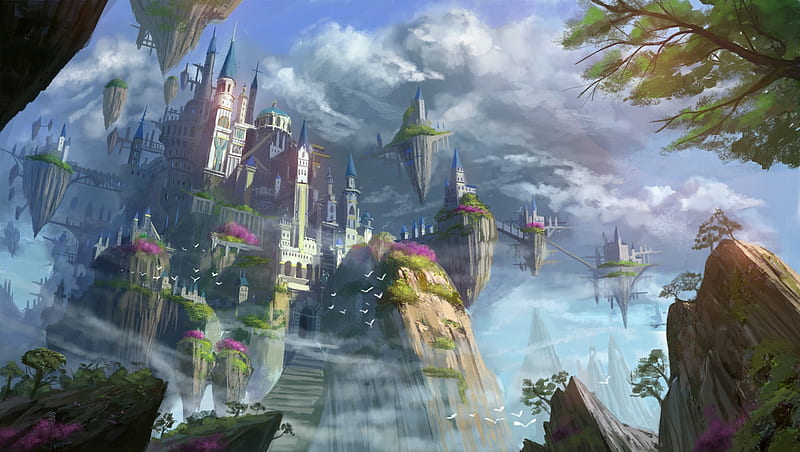 anime castle, airship, floating islands, fantastic world, scenic, Anime, HD wallpaper