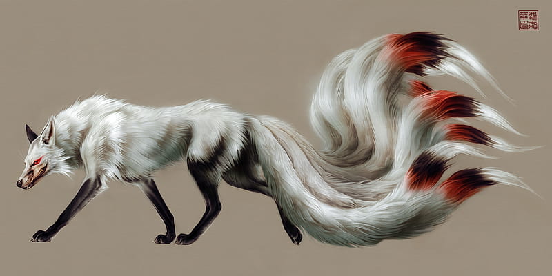 Nine tails fox, red, luminos, nine tails, animal, vulpe, fantasy, fox, toedeledoki, white, creature, HD wallpaper