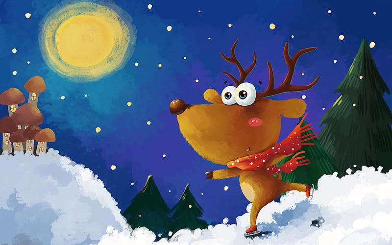 Cartoon Reindeer Merry Christmas Holiday Night, HD wallpaper