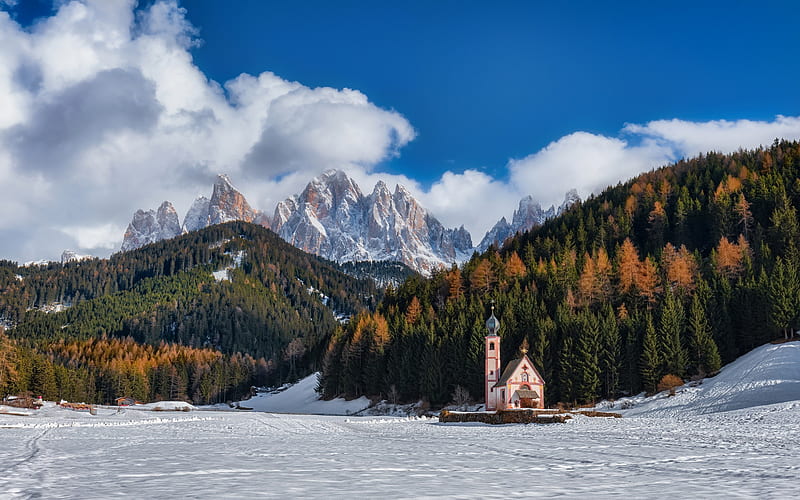 Bolzano, Alps, mountain landscape, spring, church, snow, forest, Trentino, Alto Adige, Tyrol, Italy, HD wallpaper