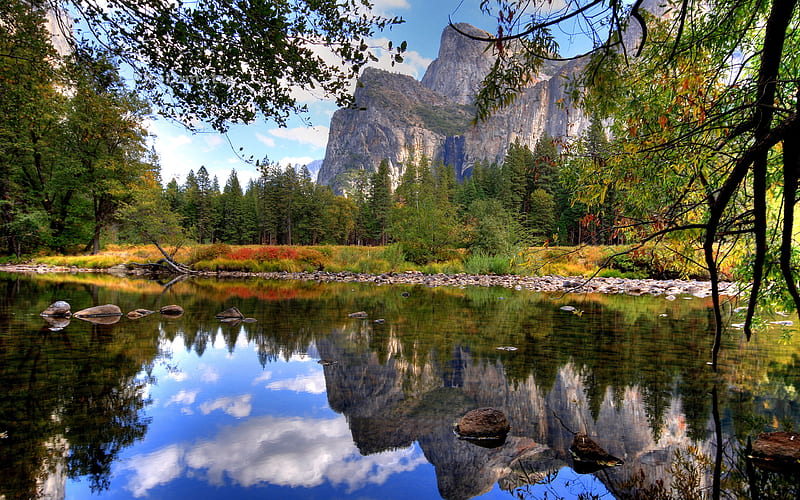 Summer in Yosemite, autum, grass, california, clouds, foliage, calm, mounts, landscapes, peaks, beauty, forests, rivers, , quiet, merced river, sky, trees, waterfalls, water, tranquil, cool, mountains, surface, awesome, el capitan, scenic, bonito, seasons, yosemite, leaves, nicel, mirror, scenery, falls, amazing, national parks, view, leaf, summer, nature, reflected, branches, reflections, scene, HD wallpaper