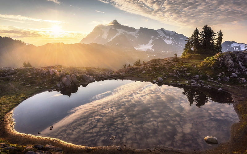 mountain lake, lake, water, morning, dawn, sky, sun, HD wallpaper
