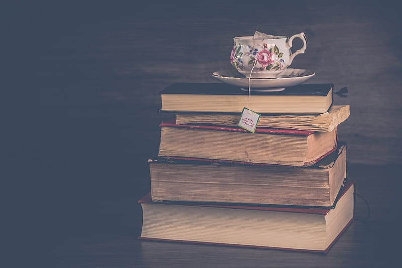 Tea time with books, Stack books, Books, Old books, Cup, Tea, HD wallpaper