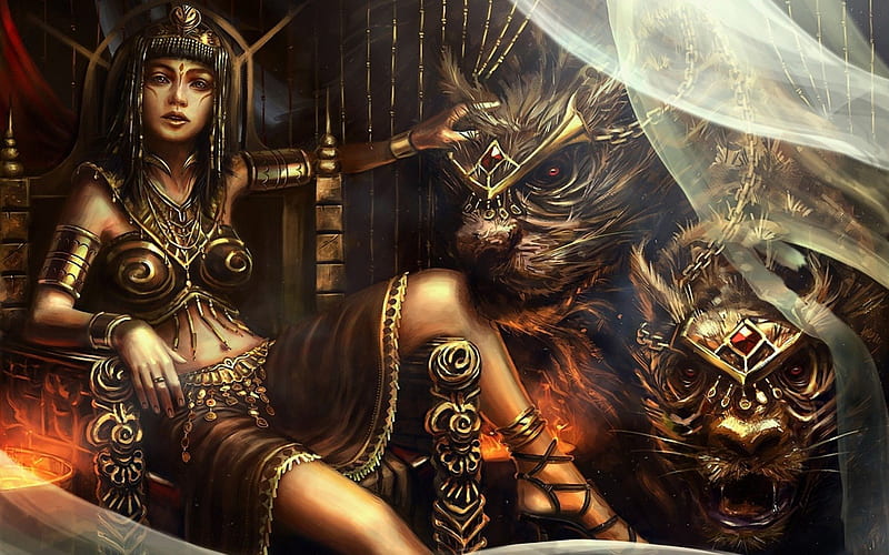 Egyptian vampire queen and her pets, red, ancient, golden, recious, game, woman, animal, fantasy, girl, stone, werewolf, vampire, eyes, creature, egypt, HD wallpaper