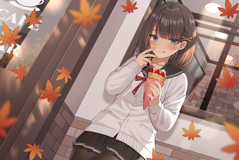 Anime school girl, autumn, eating, school uniform, strawberry waffle, Anime,  HD wallpaper | Peakpx