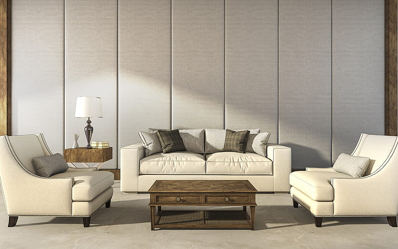 stylish interior, living room, classic style, beige leather sofa, textiles on the walls, retro style interior, HD wallpaper
