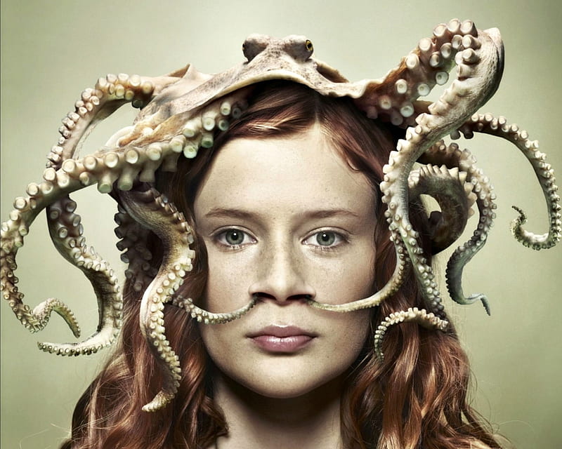 :D, redhead, girl, fantasy, octopuss, caracatita, funny, HD wallpaper